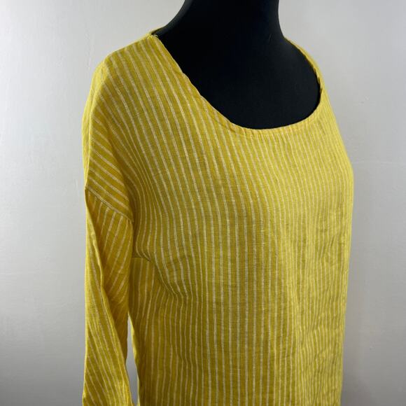 Lungo L'Arno Yellow White M Top Striped Round Neck 3/4 Sleeve Ruffle ITALY - Picture 3 of 9